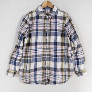 L.L.Bean Shirt Womens Large Multicolor Plaid Linen Button Up Classic Fit